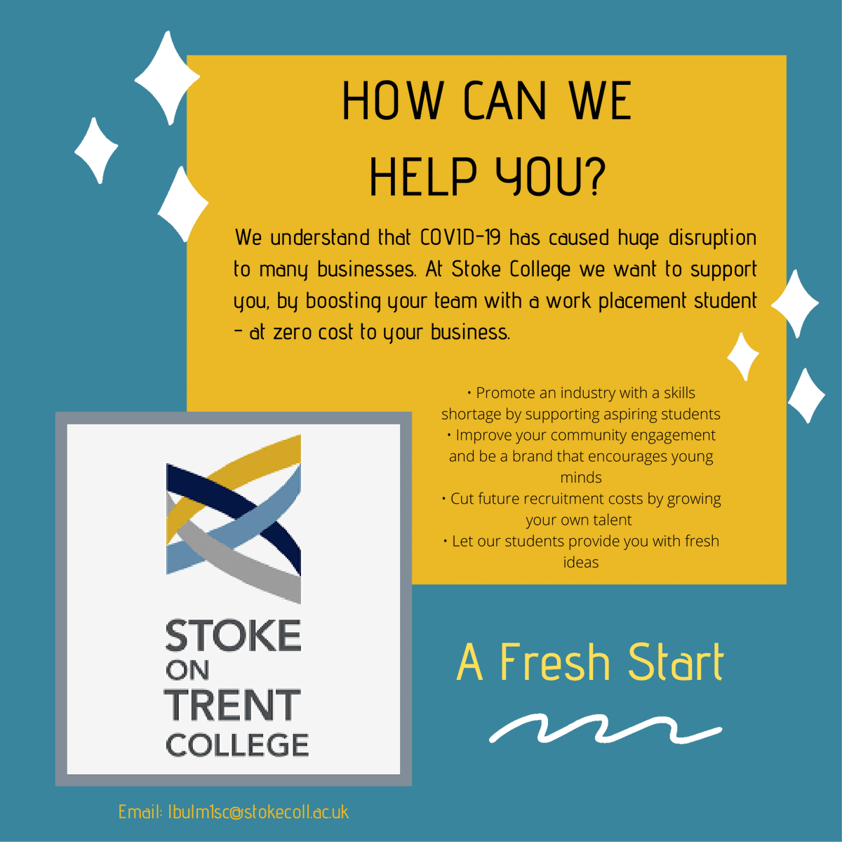 SOTCollege's tweet photo. @Sotlive Stoke on Trent College can support your business in these uncertain times with a range of services, including work placements.  Email lbulm1sc@stokecoll.ac.uk https://t.co/jKb8zpzGD6