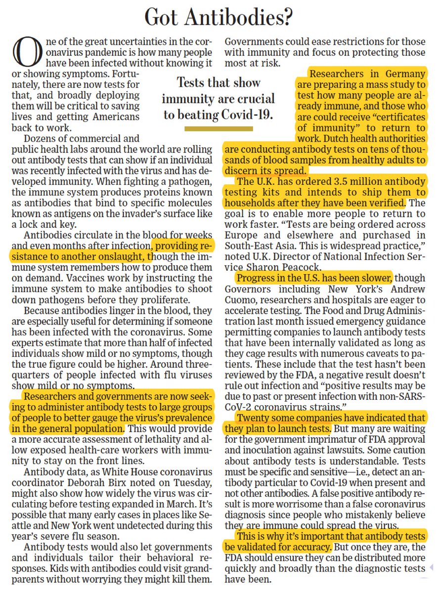 The next wave of diagnostic testing is for antibodies to  #COVID29 Countries already on it or starting: Germany, Netherlands, UK, Singapore, South Korea, ChinaCountry with no plan: US https://www.economist.com/science-and-technology/2020/04/02/an-antibody-test-for-the-novel-coronavirus-will-soon-be-available https://www.wsj.com/articles/got-coronavirus-antibodies-11585782003?mod=opinion_lead_pos1 1/x