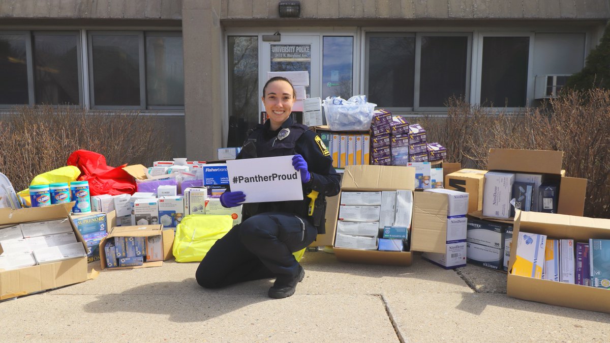 UWM's tweet photo. We're #PantherProud of our #UWM faculty, staff and community for donating #PPE to health care workers to limit the spread of #COVIDー19. Together, we gave 31,300 gloves, nearly 900 masks, 125 pieces of eye protection, 20 gowns and 9 hazmat suits to emergency health care workers! https://t.co/vYKkCxRc6V