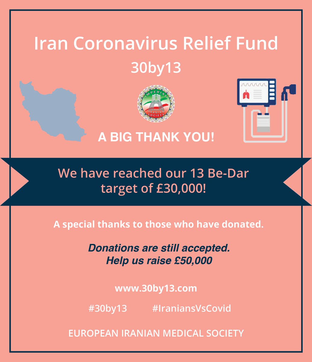 A massive thank you to everyone who has donated! We reached out 30,000GBP target!🙏🏼🙏🏼

A great collaborative achievement by European Iranian Medical Society, LSE, <a href="/ICLIranianSoc/">Iranian Society</a>, <a href="/AnjomanUk/">AnjomanUK</a>, <a href="/euiranc/">-</a> and <a href="/IWALondon/">IWA</a>

#coronavirus #irancoronavirus #COVID19 #HelpFightCorona