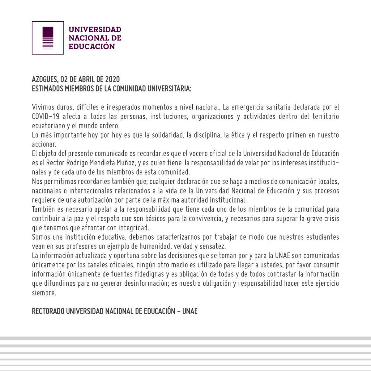 UNAEcuador's tweet photo. ▶️ #UNAEInforma 
.
.
Importante #ComunicadoOficial  desde el Rectorado de la #UNAE. 
.
. https://t.co/Bl0zhrKfmD