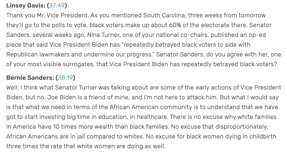 Another sign of campaign indecision and disarray: Sanders kept his distance from Turner's op-ed in an S.C. newspaper attacking Biden's civil rights record. But he saw it and approved it before it went to print. (Attached are his comments about it in the N.H. debate.)