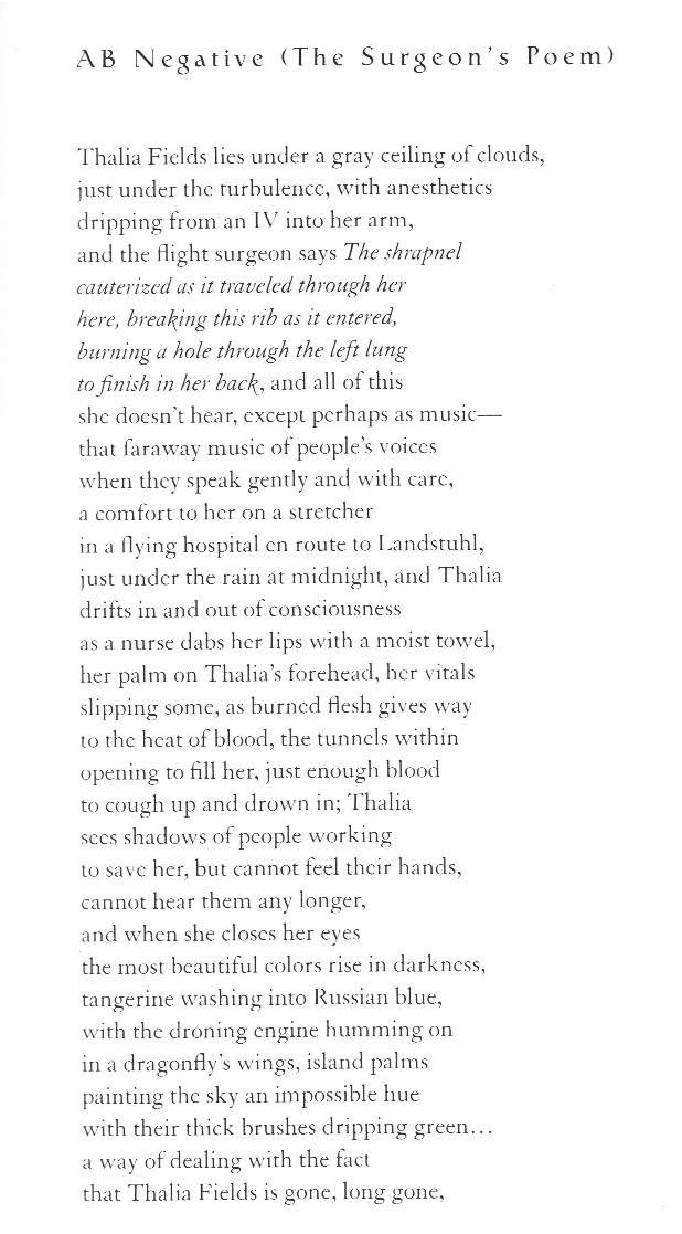 Like Foote,  @TurnerBriturn3's "AB Negative (The Surgeon's Poem)" brings us past the caregivers' curtain—this time, into the liminal, haunting grace of an long-haul aeromedical evacuation flight. From his "Here, Bullet":  https://amzn.to/3bLhUzK   #NationalPoetryMonth  #warpoetry 2/n