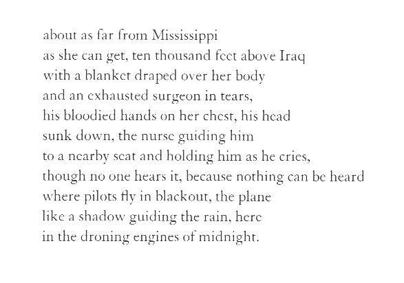 Like Foote,  @TurnerBriturn3's "AB Negative (The Surgeon's Poem)" brings us past the caregivers' curtain—this time, into the liminal, haunting grace of an long-haul aeromedical evacuation flight. From his "Here, Bullet":  https://amzn.to/3bLhUzK   #NationalPoetryMonth  #warpoetry 2/n