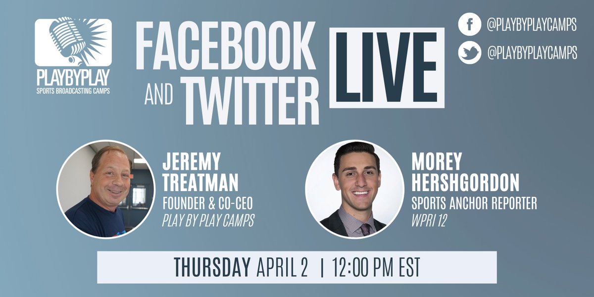 playbyplaycamps's tweet photo. Camp Founder and Co-CEO Jeremy Treatman is taking over TODAY to virtually catch up with former #SBC camper/counselor and current WPRI 12 Sports Anchor @MHershgordon! Tune in LIVE at 12:00PM ET. 

#SportsBroadcasting #Broadcasting https://t.co/4n3zBtDGMX