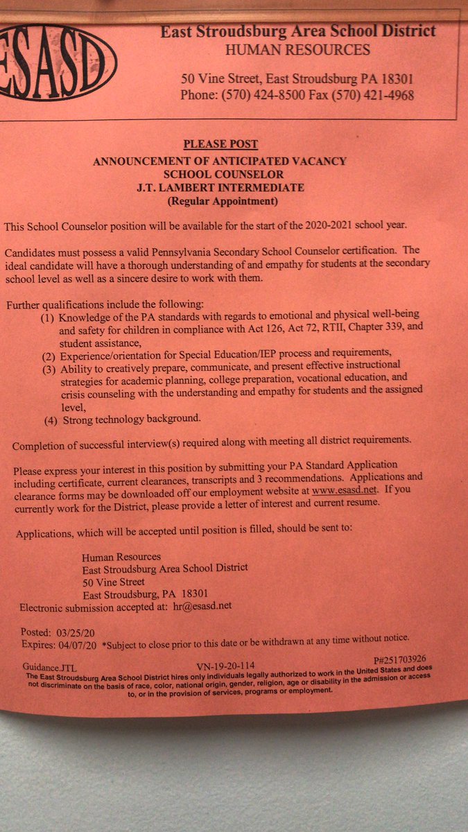 Hope you are safe under our current stay at home. Preparations are under way for employment opportunities at ESASD for 2020/21