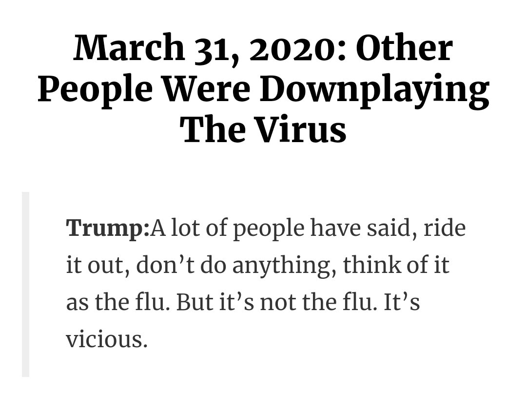 I'm not absolutely certain of the timeline, but I'm pretty sure the Federalist, FOX and the WSJ, along with trump's lesser known and FAR less intellectual minor sycophants, WERE telling him to "ride it out."At the cost of our grandparents' lives.For money. #PartyOfDeath