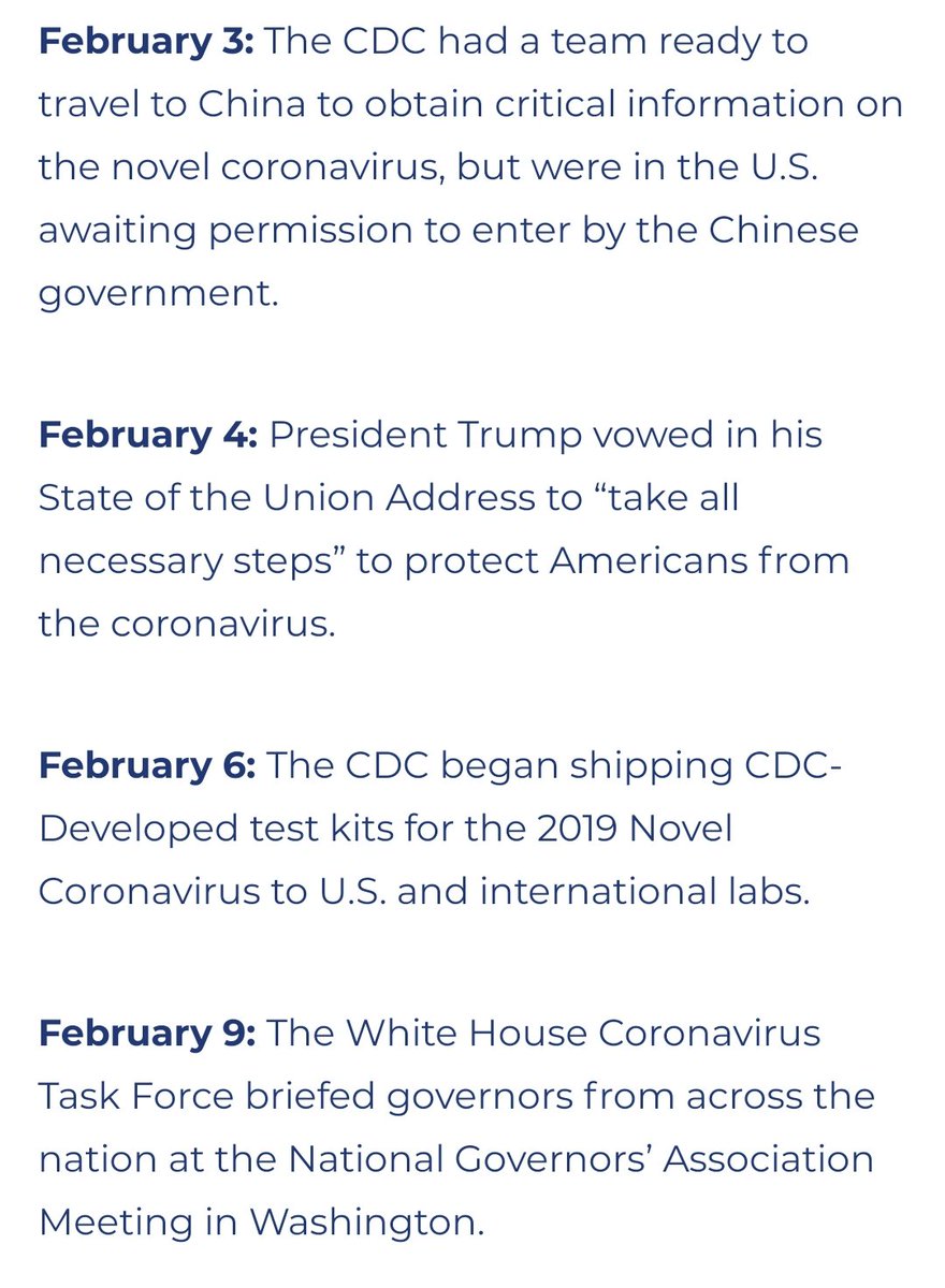 Here is a timeline of Trump's actions from day 1 of learning about the China coronavirus. It's EXHAUSTING to see Democrats politicizing this pandemic. They keep insisting he didn't take it seriously. His actions prove otherwise.Long THREAD:(1/12)