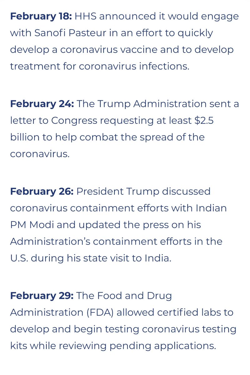 Keep in mind while the Trump administration began working on preparing for this pandemic, Democrats were screaming about impeachment throughout January and early February.(2/12)