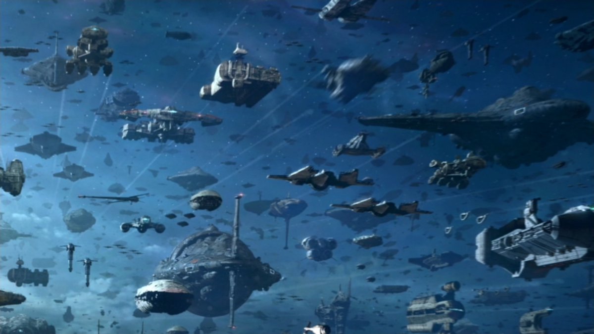 Here is another, wider shot of the fleet arrival concept art! Note the numerous Mon Cala variants, D-WINGS, Mando fighters, GR75's, Starfortress bombers, CR90's, Peltas, Ben-B's, and SO MANY MORE ships. Great view on a few of those MC80A variants.