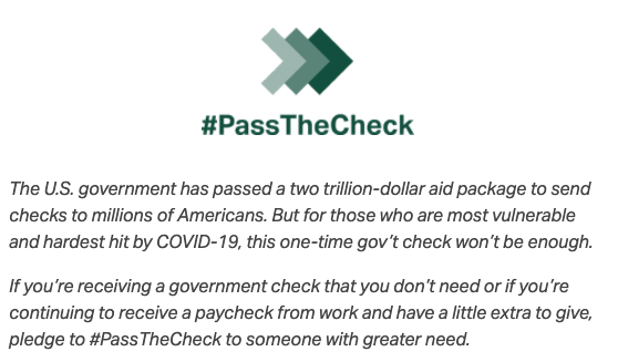 dustinbpalmer's tweet photo. #PassTheCheck campaign FTW!
If you are getting the stimulus check and don't need it (poor targeting!), pass it to someone who does.
If you aren't getting the stimulus check bc you make too much, then you can spare $1200(+)
If not during a pandemic, when exactly will we care? https://t.co/G08huqMrUf