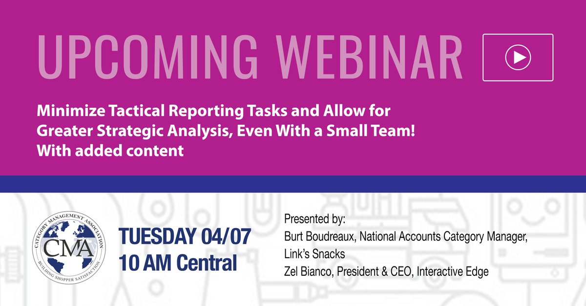 CatManNews's tweet image. Join us Tuesday 4/7 at 10AM for a webinar with @InteractiveEdge &amp;amp; @JackLinks  where we’ll dive into how to minimize Tactical Reporting Tasks and Allow for Greater Strategic Analysis, Even with a Small Team! Register now: bit.ly/2UDfKNa #CategoryManagement #Retail #CPG
