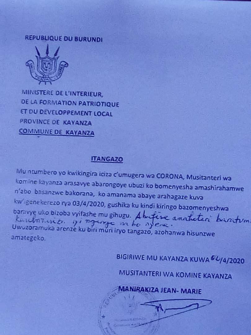  Suspension jusqu’à nouvel ordre des réunions en commune  #Kayanza par l'administrateur communal à partir de ce 03/04/2020, "comme mesure de précaution contre le  #coronavirus". Les propriétaires des hôtels concernés également par la mesure  #Burundi  #CoronaVirusUpdates