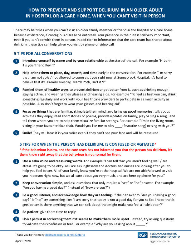 #COVID19Pandemic #delirium Resource: How to prevent or support delirium when you can't visit an older adult in person. Please distribute widely! rgptoronto.ca/wp-content/upl… <a href="/iDelirium_Aware/">iDelirium</a> @PGLO_Geriatrics