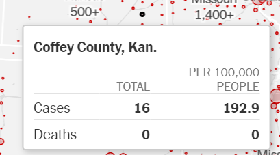 Hey <a href="/nytimes/">The New York Times</a> I love your maps and trackers, but wanted to suggest an improvement. The map with circles should size the circles based on infections per 100k people, not total number of infections, else it can be quite misleading. Consider this tiny dot for e.g.: