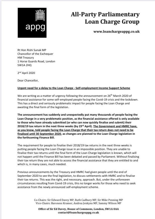 loanchargeAPPG's tweet image. Letter to @RishiSunak: The requirement for a 2018/19 tax return to be submitted by 23/4 to get #selfemployed #COVID19 support contradicts Govt decision that people facing the #LoanCharge can submit by September. Due to this we need a #LoanChargeDelayNOW. 

loanchargeappg.co.uk/wp-content/upl…