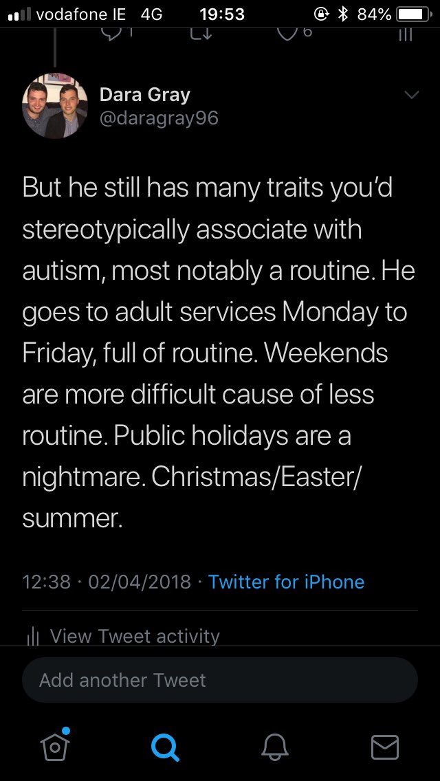 For Donal, routine is everything. The 3 screenshots capture his whole routine - which has been completely changed out of nowhere. No day services. No visits to friends or trips to Ikea with Mam, no trips down the country to games with Dad