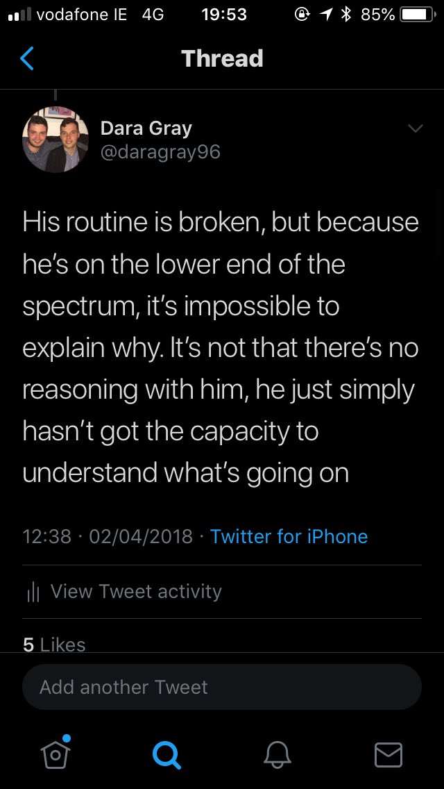 The point in this screenshot is the most important one. With Donal on the lower end of the spectrum, we can’t explain what is going on to him. He has no idea why his routine has been completely changed overnight. And there’s nothing we can do to change that