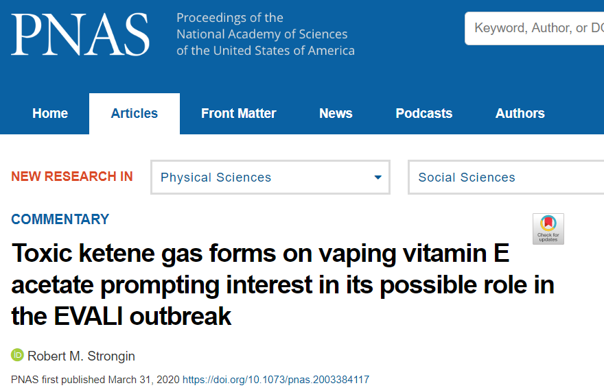 Delight to see the new released commentary paper in <a href="/PNASNews/">PNASNews</a> of "Toxic ketene gas forms on vaping vitamin E acetate prompting interest in its possible role in the EVALI outbreak" comments our work. It is really good article!