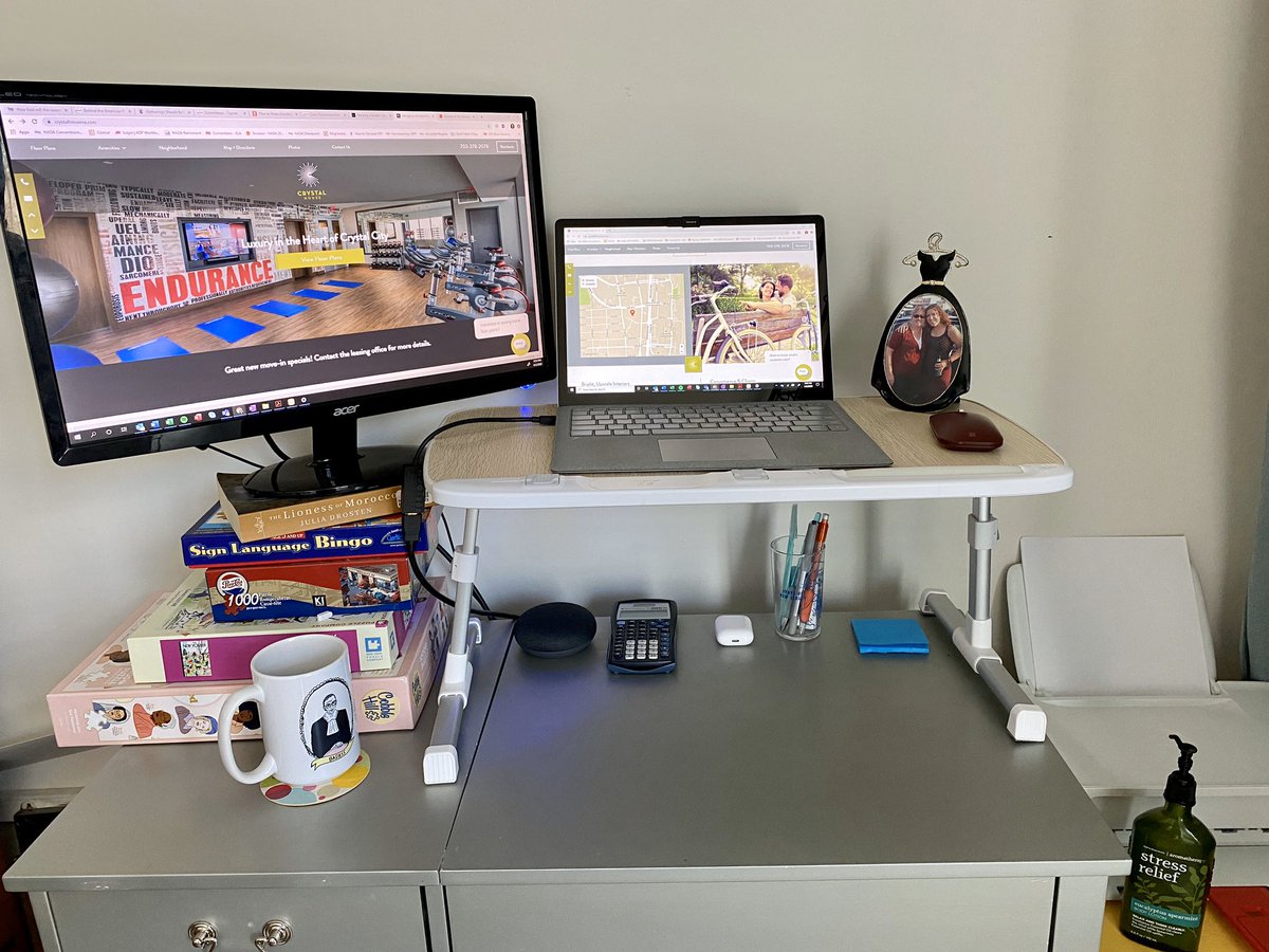 Making the best makeshift desk I can with my vanity (cause there’s nothing to get dressed up for! #sweatpantslife) - now converted to a desk, a stack of puzzles to hold my monitor, and a night stand serving up zero lewks as a printer table. #mycrystalhouse <a href="/CrystalHouseVA/">Crystal House</a>