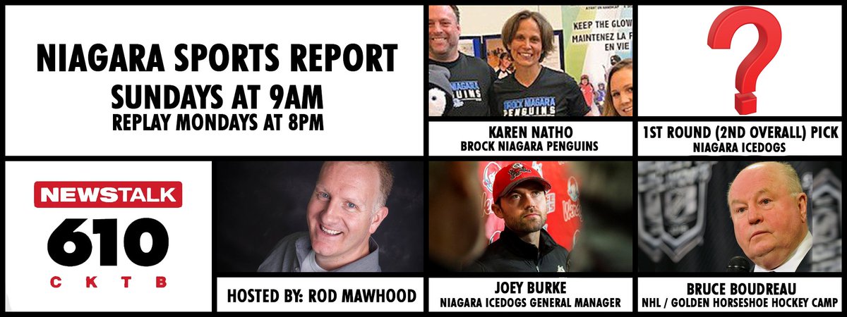 Here we go!
Your Sunday #NiagaraSportsReport breaks down like this: 
Longtime #NHL HC &amp; <a href="/GHHockeySchool/">Golden Horseshoe HS</a> Bruce Boudreau
<a href="/OHLIceDogs/">x-Niagara IceDogs</a> GM Joey Burke and the #IceDogs 1st Rd/2nd overall draft pick
And Karen Natho of <a href="/niagarapenguins/">Niagara Penguins</a> 
ALL this Sunday 9-10 am <a href="/610CKTB/">610 CKTB</a>