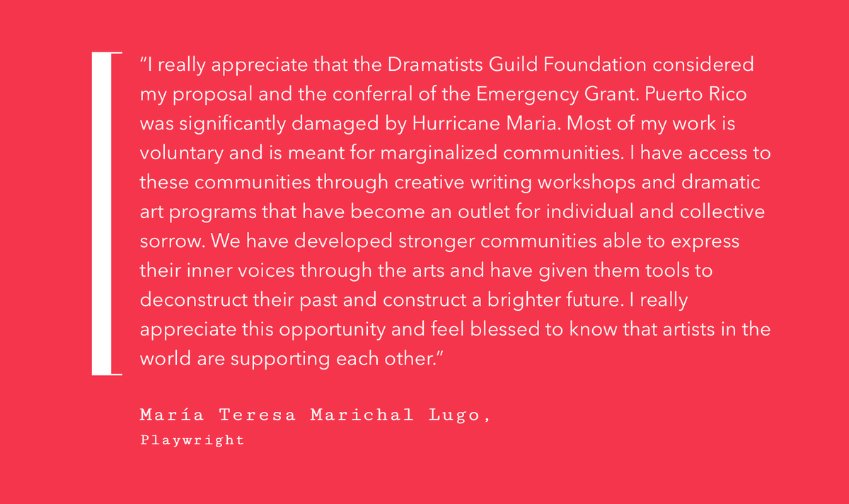 DGFound's tweet photo. "I really appreciate this opportunity and feel blessed to know that artists in the world are supporting each other" -Maria Teresa Marichal Lugo, Playwright
Learn more about Emergency Grants here: https://t.co/hK8UqonbXE
#DGFound https://t.co/dTKHrfaYy6