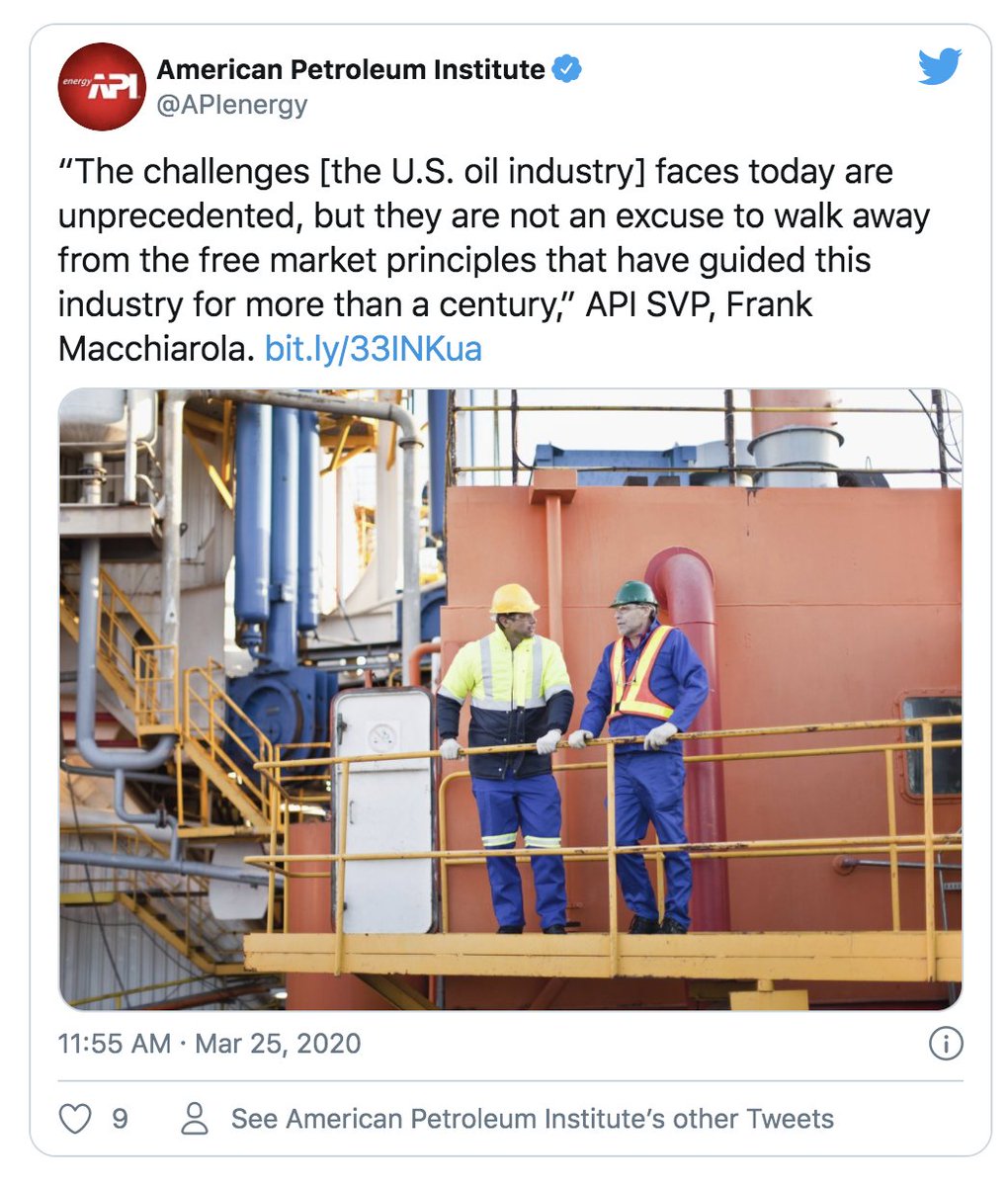 So, what do they want out of this meeting? The oil industry is fractured about the best response to this crisis. Independent E&Ps have backed direct bailouts and production cuts. Oil majors and their trade associations ( @APIenergy, TXOGA) have publicly opposed such actions.
