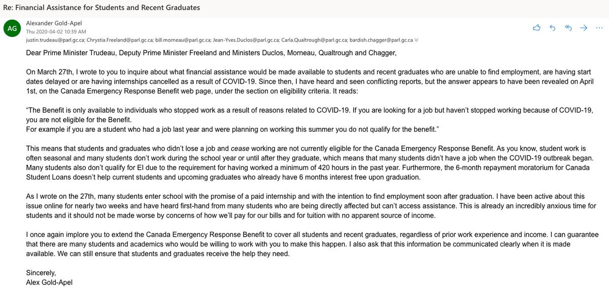 Yesterday, we received confirmation that students and recent graduates are not currently eligible for the Canada Emergency Response Benefit. This morning, I sent an updated email to federal ministers asking them to extend coverage to this group in need.