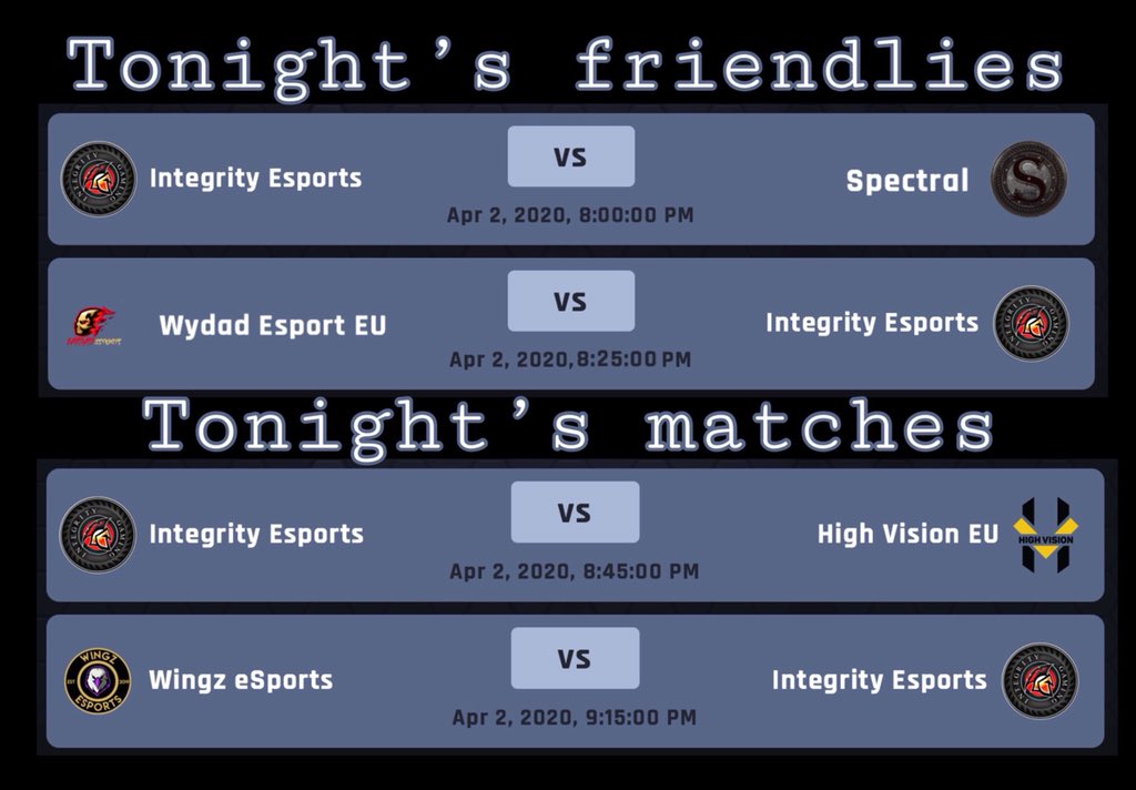 Tonight’s games! WATCH LIVE 
 <a href="/OfficialVPG/">Virtual Pro Gaming</a> @VPGChampSouth <a href="/Spectral_FIFA/">Spectral</a> <a href="/WYDADeSports/">Wydad Esports</a> <a href="/High_Vision_/">MGT High Vision</a> @Wingz_eSports_ 

LIVE ON  : youtube.com/channel/UC74OL…

#Wherethechampionsplay 
Lineup to follow…