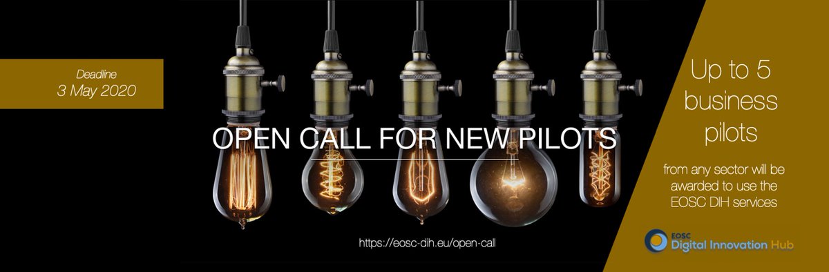 📢Announcing an Open Call for new business pilots!📢

Up to 5 pilots will be awarded from any sector to take advantage of #EOSCDIH services and support.

Deadline: 3 May 2020 at 17:00 CEST

More info at: eosc-dih.eu/open-call/

#innovation #DIH