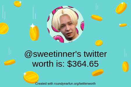 sweetinner's tweet photo. My Twitter worth is: $364.65

Find yours with https://t.co/qlZY5YZdTV

⠀ https://t.co/20f9nWMYTI