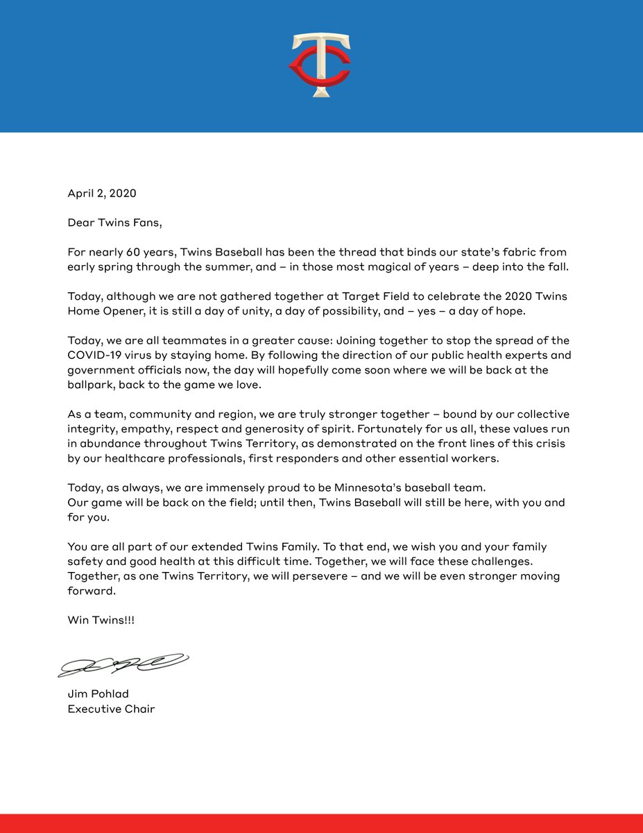 Twins's tweet photo. Jim Pohlad pens a letter to #MNTwins fans. #TwinsTogether #TwinsOpenerAtHome https://t.co/AEpO7IjN7s