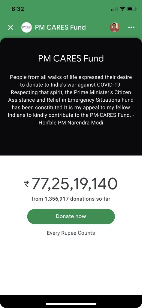 Wanted to express my heartfelt gratitude again to more than 1.3 million (and counting) of you who have already donated Rs 77 Cr+ via  @GooglePayIndia!