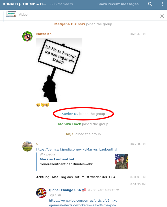 Naidoo ist nach eigenen Recherchen vor drei Tagen in eine Telegramgruppe einer größeren QAnon-Gruppe beigetreten. Wir konnten die Echtheit des Accounts verifzieren. Die Gruppe hat im Moment 6.876 Mitglieder. 4/10