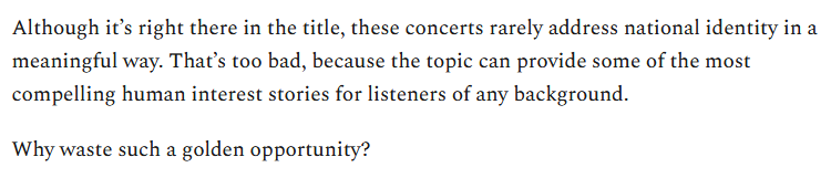 The main point here is that we invoke national identity all the time when we talk about music, often casually. Yet it's a world-shaping aspect of human life. 2/