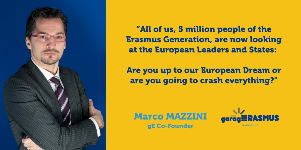 garagErasmus's tweet photo. garagErasmus co-founder Marco Mazzini appeals the #ErasmusGeneration to look at the EU leaders and states and ask them if they still believe in the European Dream 🇪🇺👇 https://t.co/hGuYZJAqOE