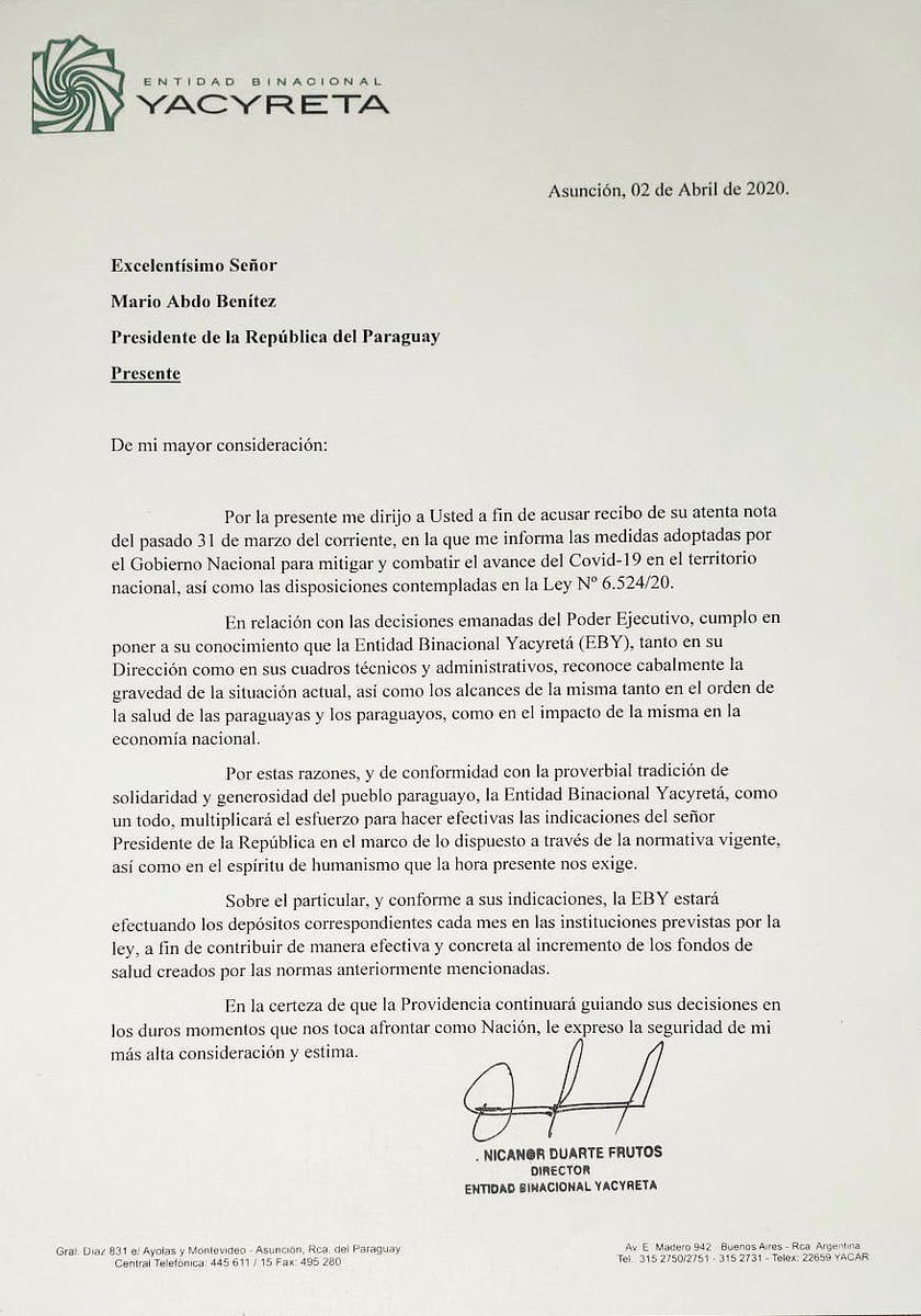 ebypy's tweet photo. La EBY acompaña totalmente el mandato del Presidente @MaritoAbdo de priorizar la salud de nuestro pueblo por encima de cualquier tipo de privilegios. https://t.co/wMDLVw43W0
