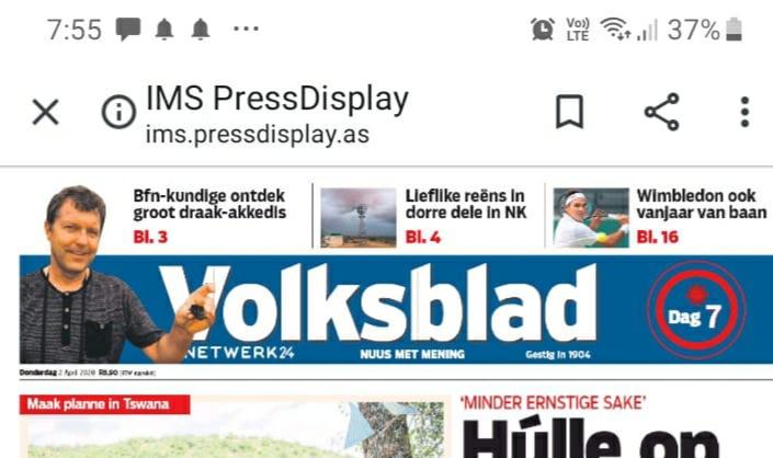 NationalMuseumB's tweet photo. Museum scientist Mike Bates on the cover of the @Volksblad. #herpetology #dragonlizard #swazidragon #Smaugswazicus https://t.co/0ciSEsAivp