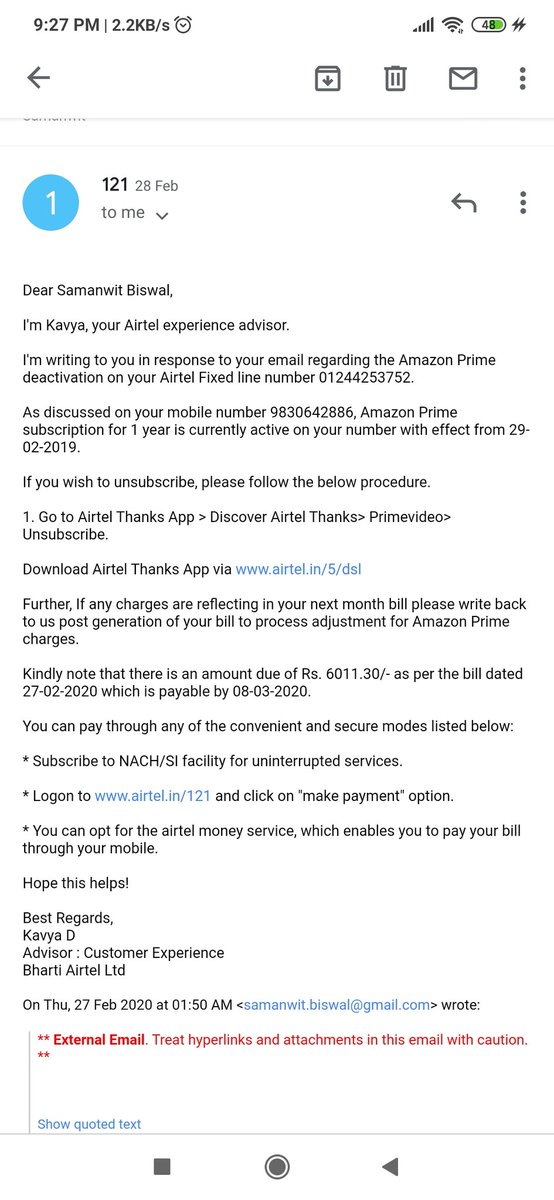 SamanwitB's tweet photo. @Airtel_Presence I received the Bill for February and Amazon Prime subscription had been charged to me despite me unsubscribing the same. In February your advisor had asked to inform in case I am charged so that it can be adjusted. Please adjust my bill. https://t.co/54DiILkypf