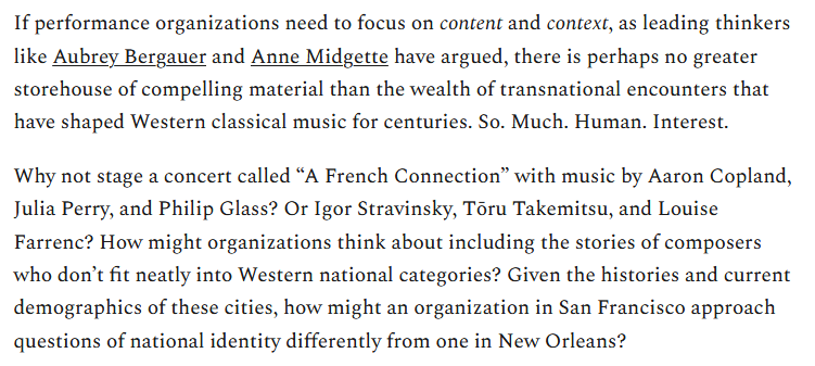 Why does it matter? As  @AubreyBergauer and  @classicalbeat (among many others) have argued consistently, drawing the experience of music into the broader fold of human experience can make it more appealing, compelling, and meaningful. 7/