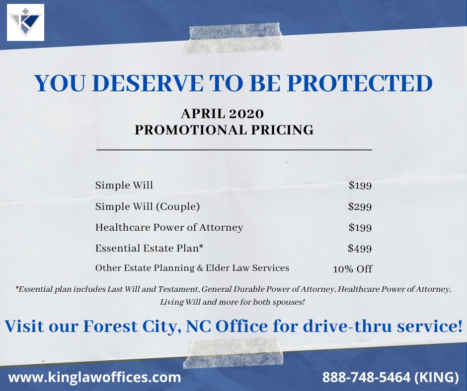 888748KING's tweet photo. People in our communities are concerned. More and more are thinking about how to protect themselves. King Law is listening and responding. Starting today, our drive-thru window at the Forest City office is open and we are offering the following promotions in April. https://t.co/3zjl3hIavF