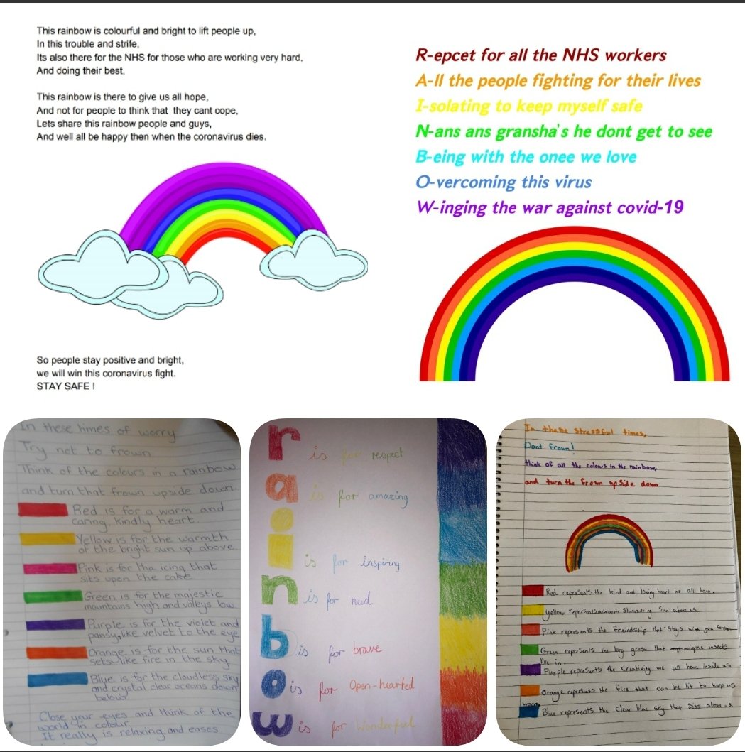 IDSHWB's tweet photo. Today the girls challenge was to use the rainbow &amp; create a short poem to make us feel happy. These are just some of the fabulous work we recieved. They have made Miss James &amp; I smile all day. Diolch merched 🙂 @IDS3to18
#feelgoodwork #staysafe https://t.co/tbcc6IKar4