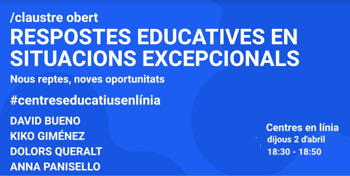 💻 Segon webinar! Avui, a les 18:30h, iniciem el nou cicle Claustre Obert <a href="/educaciocat/">Educació</a> #CentresEducatiusEnLínia 

🗣️  Respostes educatives al nou repte, amb <a href="/DavidBueno33/">David Bueno i Torrens</a>, Anna Panisello <a href="/e3990108/">CRP Ribera d'Ebre</a>, @DolorsQueralt i Francesc Giménez <a href="/kiku_vic/">Francesc Giménez</a> <a href="/crposona/">CRP d'Osona</a> 

📲 youtube.com/playlist?list=…