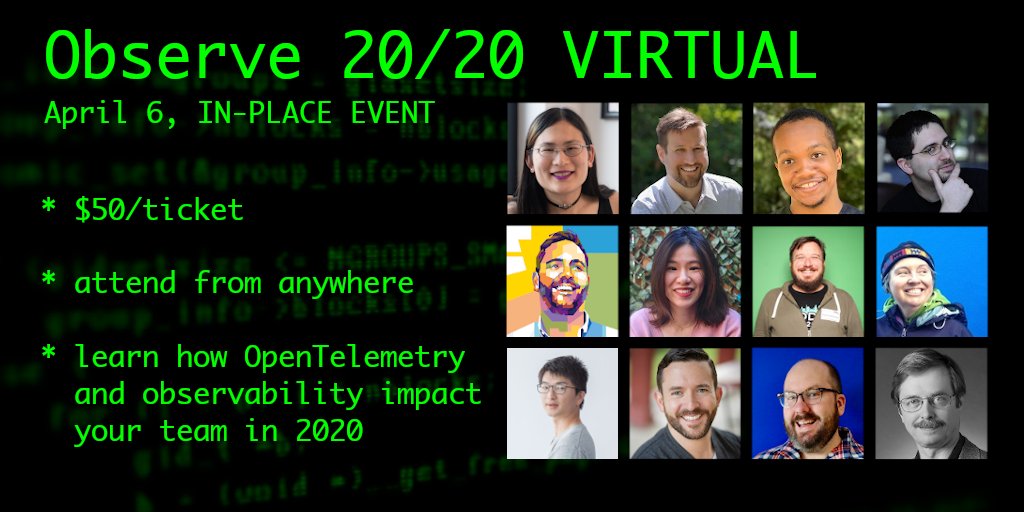 Looking for a germ-free way to learn and network? Try Observe 20/20 VIRTUAL on April 6th! Lots of folks like <a href="/lizthegrey/">Liz Fong-Jones (方禮真) 🦋</a> <a href="/smflanders/">Steve Flanders</a> @sofetching <a href="/dwmcallister/">dwmcallister</a> @tiffanyjachja @austinlparker <a href="/RonaldMcCollam/">Ronald McCollam</a> <a href="/ymotongpoo/">Yoshi Yamaguchi</a> and others presenting. AGENDA ==> observe2020.io/agenda/