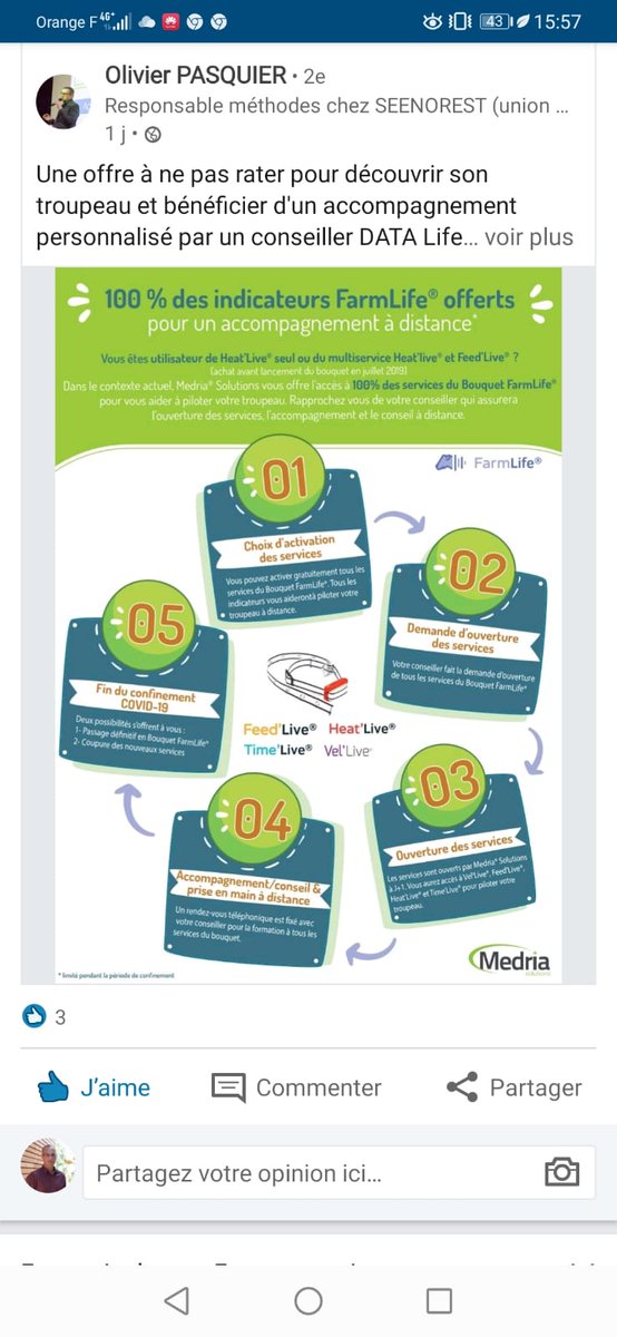 ITK_decide's tweet photo. Aider les éleveurs à distance pendant la crise. Nos partenaires @medriaelevage et le conseiller #seenorest offrent l'accès à 100% de la plateforme Farmlife, aux utilisateurs de HeatLive (détection des chaleurs).

#Agriculture #agtech #iot #LoRaWAN 
#Elevage #bovins #cow #animal https://t.co/CJTkwJynwo