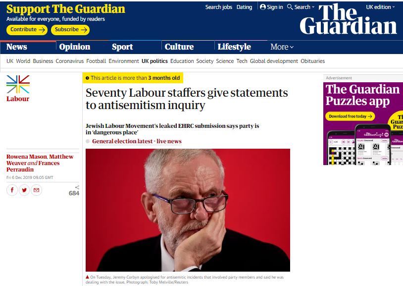 On Corbyn's last day, a reminder of how The Guardian helped the establishment ensure his defeat. It specialised in the anti-semitism smear, with dozens of articles, relentlessly. These 4 were all in the week leading up to the 12 December 2019 election.