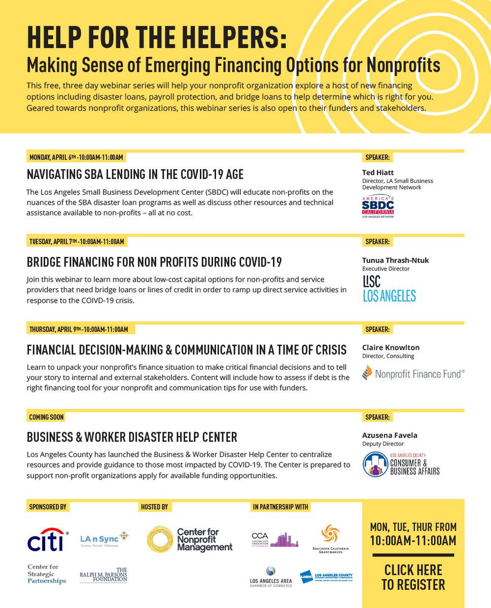 Please join us next Mon, Tue and Thur as we host a free webinar series that will help your nonprofit organization explore new financing options including disaster loans, payroll protection, and bridge loans to determine which is right for you. RSVP: zoom.us/webinar/regist…