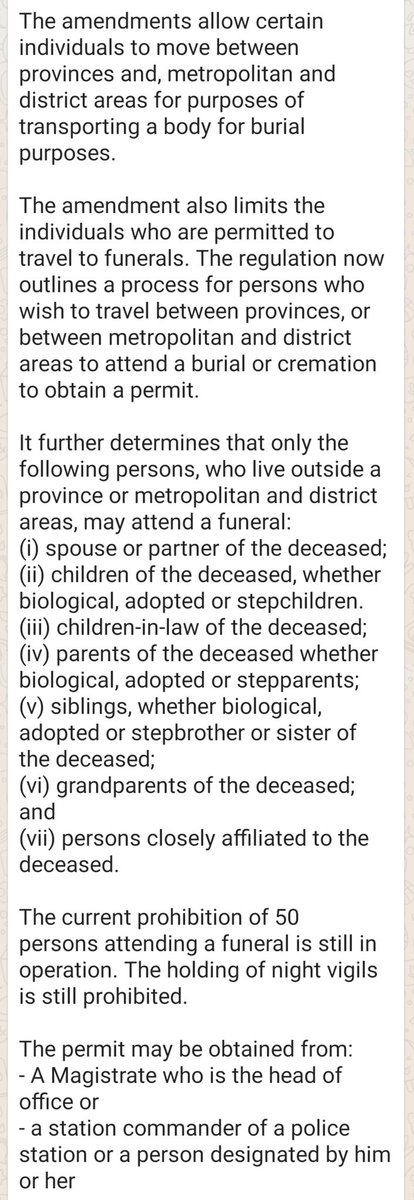  #Covid_19SA Dlamini-Zuma explains ammendments to funeral restrictions. You will need a permit BUT only certain people qualify.Mourners at funerals still limited to 50 & night vigils still prohibited.  #SABCNews