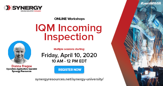 SR_MFG_ERP's tweet photo. Sign up for our Online Workshop, #IQM Incoming Inspection. Attendees will enter sample plans, product characteristics, product inspection plans and complete data collections. Space is limited - register now and receive a 25% discount! https://t.co/Q41zVxPkUi #LearnWithSR https://t.co/lfmpIwkmim