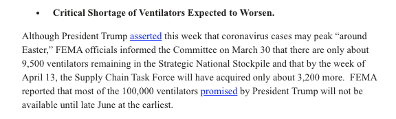 BREAKING: House Overisght Committee reports that FEMA officials told them this week that only 9,500 ventilators are in the national stockpile and only 3,200 more will be there by April 13.Bulk of 100K ventilators promised by Trump won't be there until June.